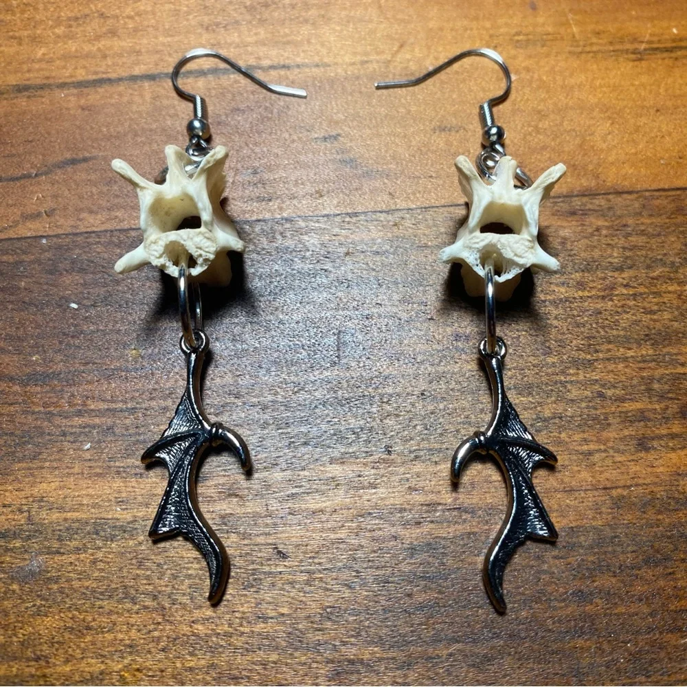 Real Possum Vertebrae Bone Batwing Earrings - Picture 5 of 7